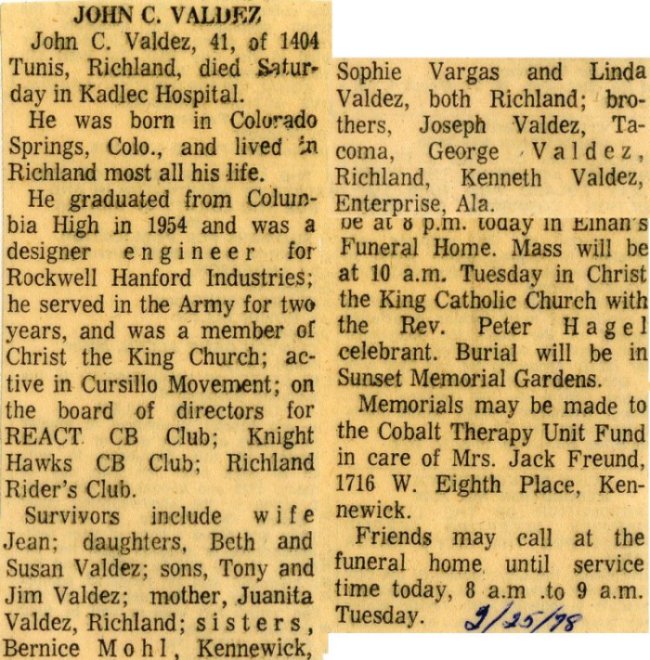 John Valdez - funeral notice